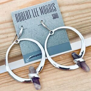 NWT Robert Lee Morris Semi Precious Polished Silver Amethyst Drop Hoops Earrings